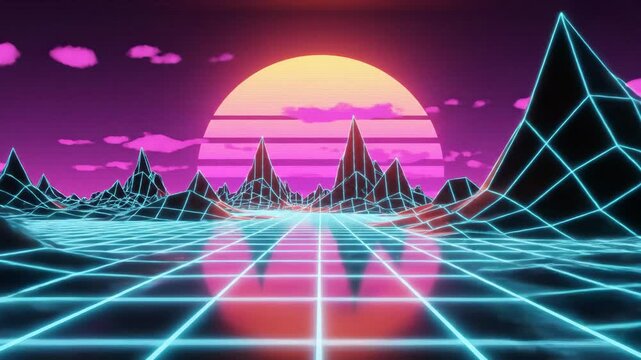 Vibrant retro 80s synthwave landscape with glowing neon grid, abstract mountains, and a large sunset, evoking nostalgia and digital aesthetic.