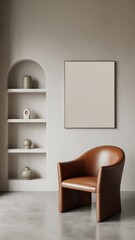 Minimalist Interior with Brown Leather Chair and Shelved Decor