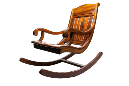 Antique wooden rocking chair isolated on transparent background. Classic wooden rocking chair with high back isolated on white background.