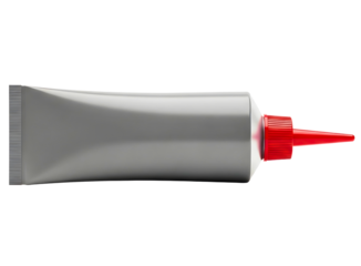 Silver squeeze tube with red nozzle isolated on transparent background