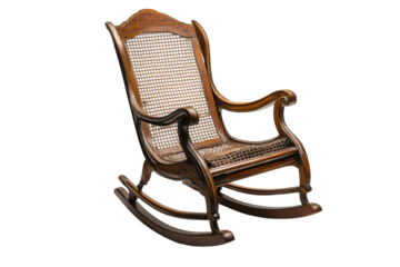 Antique wooden rocking chair isolated on transparent background. Classic wooden rocking chair with high back isolated on white background.