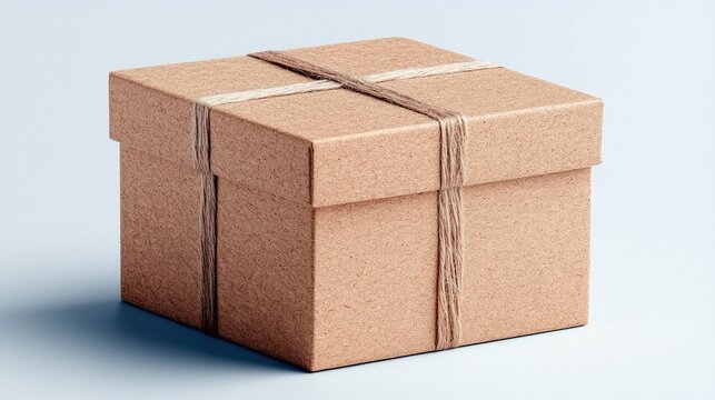 A simple, rustic brown cardboard box is tied with natural twine, presented against a clean, light blue backdrop.