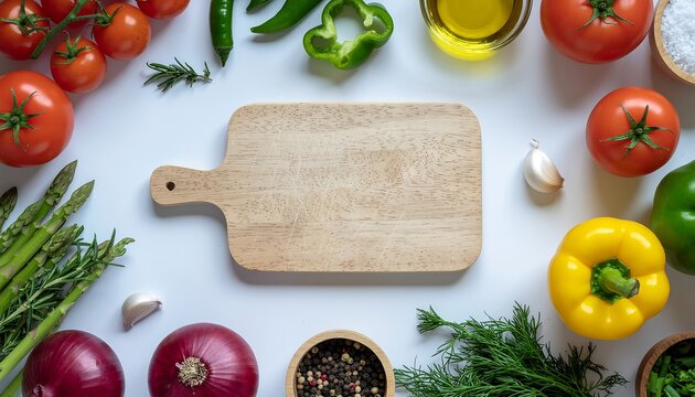 Flat lay of fresh, colorful vegetables and a wooden cutting board, ready for a healthy meal preparation