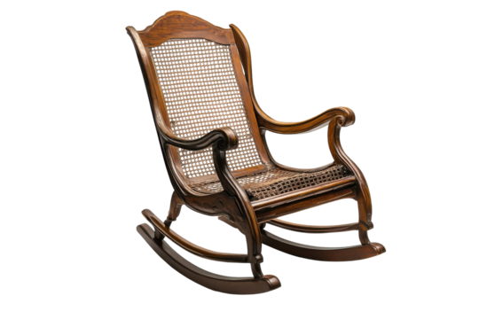 Antique wooden rocking chair isolated on transparent background. Classic wooden rocking chair with high back isolated on white background.
