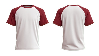 Front and back view of a white t-shirt with maroon sleeves