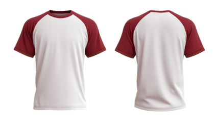Front and back view of a white t-shirt with maroon sleeves