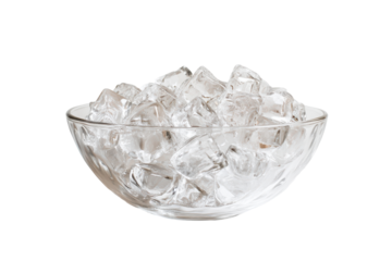 Clear glass bowl filled with crushed ice isolated on transparent background. Clear ice cubes in a glass bowl isolated on white background.