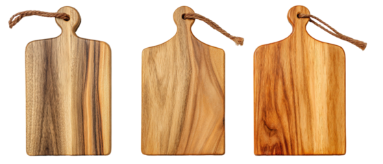 Three beautifully crafted wooden cutting boards with distinct grain patterns and textures, arranged side by side, showcasing natural wood tones and artisanal craftsmanship