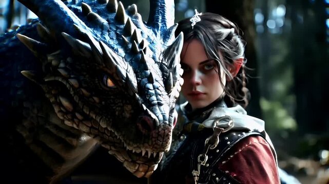 A vivid portrayal of a female character with a dragons eye, set against a backdrop of a forested area. The character is adorned in a detailed leather outfit with silver accents.