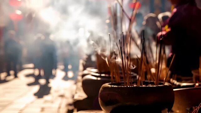 Chinese lunar new year Chunjie celebration concept. incense sticks in a pot with smoke rising from it, set against a blurred background with a bokeh effect.