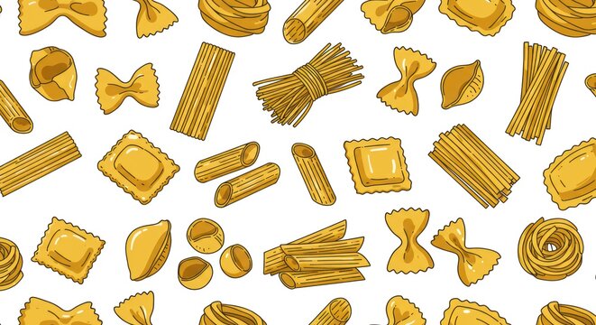 Seamless pattern of various types of pasta on a white background