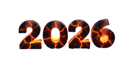 Dynamic 2026 year numbers blaze with molten lava and glowing cracks, symbolizing powerful new beginnings and energetic future.