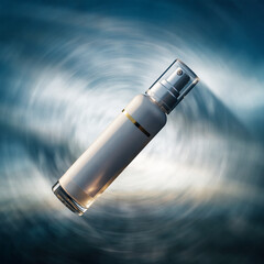 Obraz premium White Cosmetic Spray Bottle Mockup with Dynamic Motion Blur Background