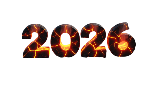 Dynamic 2026 year numbers blaze with molten lava and glowing cracks, symbolizing powerful new beginnings and energetic future.