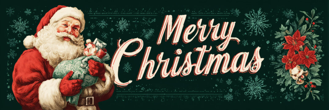 Santa Claus, smiling warmly, holds his sack of gifts surrounded by retro Christmas decorations, evoking the spirit of holidays from the 50s and 60s with a nostalgic charm, banner
