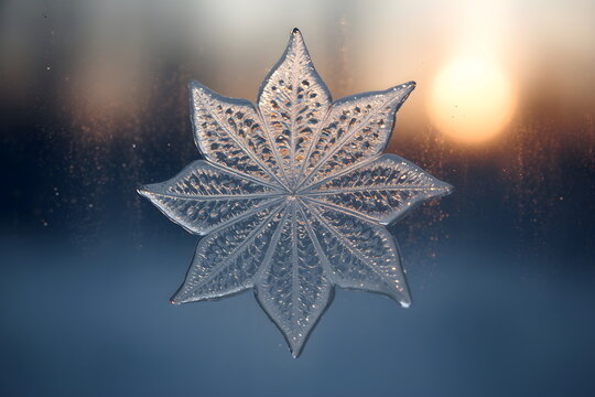Macro of a star-shaped ice frost pattern on a window at sunset