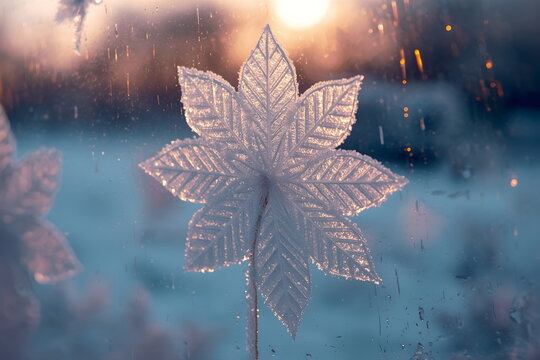 Macro of a star-shaped ice frost pattern on a window at sunset - Powered by Adobe