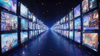 A futuristic tunnel with screens displaying various images, leading to a bright light - Powered by Adobe