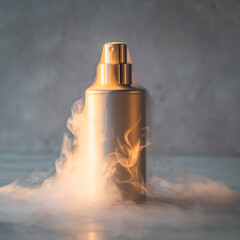 Obraz premium Metallic Spray Bottle Mockup Emerging from Dramatic Smoke and Mist