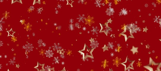 Christmas background with golden stars and snowflakes on a red background, perfect for holiday greetings and festive designs. Evokes © vegefox.com