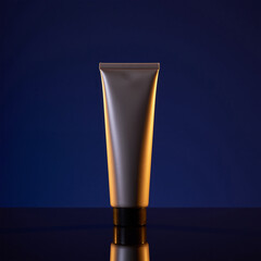 Fototapeta na wymiar Minimalist Cosmetic Cream Tube Mockup with Blue and Golden Light Contrast