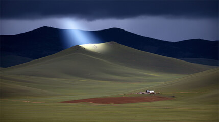 Fototapeta premium darkness. Beam of sunlight breaking through dark storm clouds, illuminating the ground. travel magazines, destination branding, designed for outdoor magazines and nature guides.