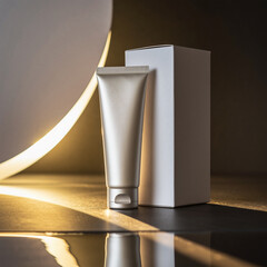 Fototapeta na wymiar Silver Cosmetic Tube and Paper Box Mockup with Cinematic Halo Light
