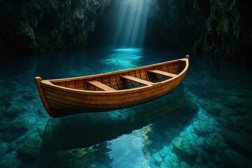 Wooden boat adrift in a serene grotto with crystal waters and radiant sunlight
