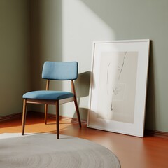 Modern Blue Chair and Abstract Art in Sunlit Room