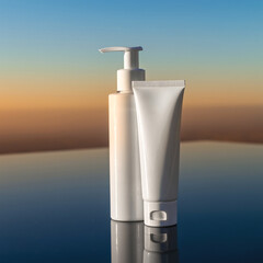 Fototapeta na wymiar Cosmetic Pump Bottle and Tube Mockup on Soft Sunset Gradient Background