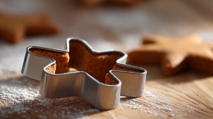 Close-up of star-shaped cookie cutter with freshly baked gingerbread cookies on wooden surface dusted with flour
