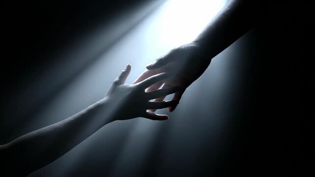 A helping hand reaches down from a beam of light to offer support. Two hands connect in a gesture of rescue and salvation. Hope, faith, and compassion concept