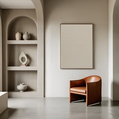 Modern Interior with Arched Niche, Leather Chair, and Artwork