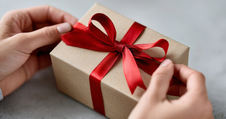 Close-up of hands holding a small gift box wrapped in brown paper with a red satin ribbon bow on a neutral surface