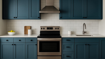 modern kitchen with dark blue cabinets with green and gray undertones. white subway tile backsplash, and stainless steel appliances. A bowl of lemons sits on the white countertop. beautiful interiors.