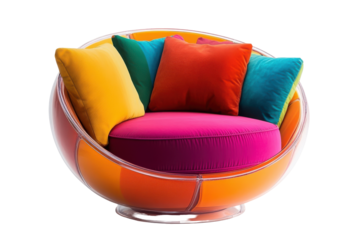 Modern hanging chair filled with colorful cushions isolated on transparent background. Colorful round armchair with multicolored cushions isolated on white background.