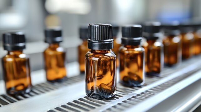 Close-up of a production line with brown glass bottles filled, capped, and being conveyed