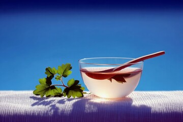 A clear glass bowl filled with a light pink liquid and a wooden spoon rests on a textured white surface next to a sprig of green leaves, with a vibrant blue sky