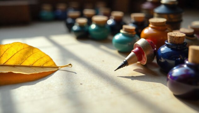 Benedictine scriptorium ink, quills, illuminated manuscript fragments, vellum, A close up view of a cluttered scriptorium desk. Small ceramic ink bottles in various colors are present. Several - Powered by Adobe