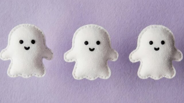 Three Cute White Felt Ghosts with Black Eyes and Smiles on a Lavender Textured Background