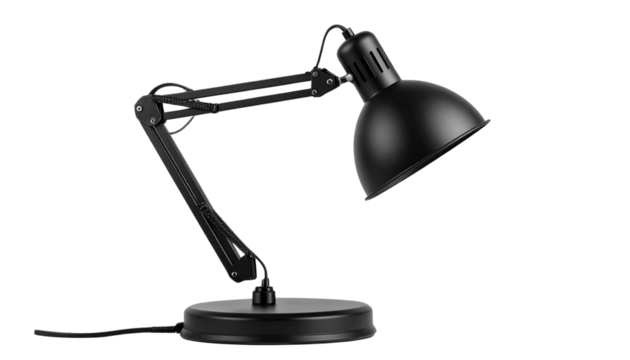 A sleek metal desk lamp on a white background, perfect for home or office, providing focused lighting and modern style. - Powered by Adobe