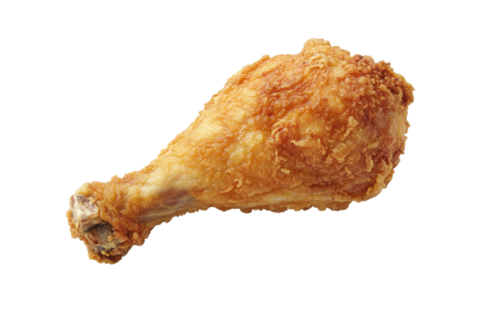 Crispy golden fried chicken leg isolated on transparent background. Crispy chicken leg top view without plate isolated on white background.