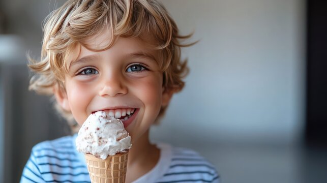 A blonde boy smiles brightly while eating ice cream, capturing a moment of pure joy - Powered by Adobe