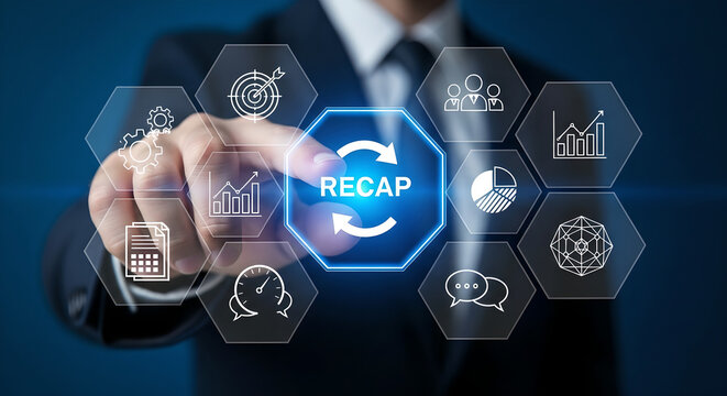 Recap Business Review Summary Hand Pressing Button Copy Space