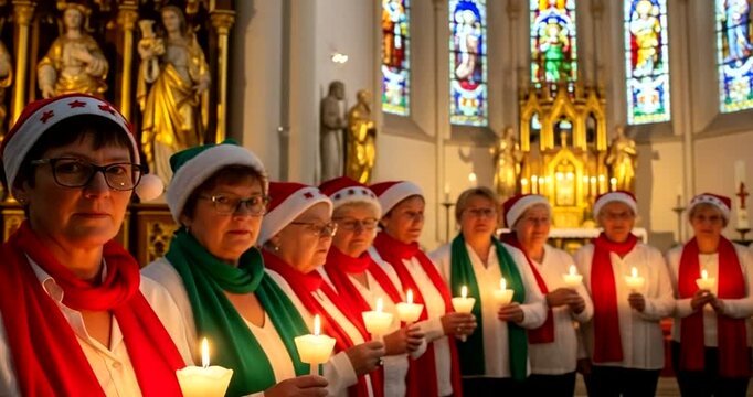 A choir of women in santa hats sing carols in a church with candles