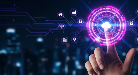 Cloud Computing IoT Digital Transformation Technology Network Hand Purple Interface Copy Space