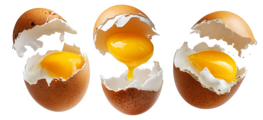 Cracked brown egg with intact yolk and broken shell in high detail, isolated on white transparent background