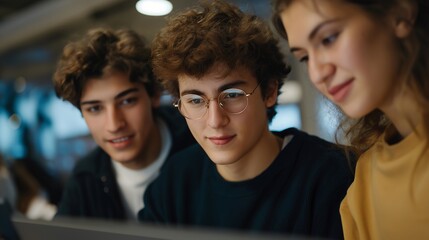 Wide-angle view of students adjusting AR lab instruments while observing real-time holographic data — representing innovative online education, virtual laboratory teamwork, and global student