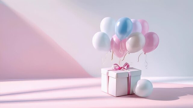 Birthday holiday celebration decoration. A 3D rendered scene with a white gift box and pink ribbon on a pink surface. The background is a gradient of pink and light blue.