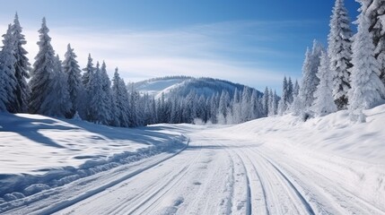 Obraz premium A serene winter landscape featuring snow-covered trees and a clear blue sky along a winding road.